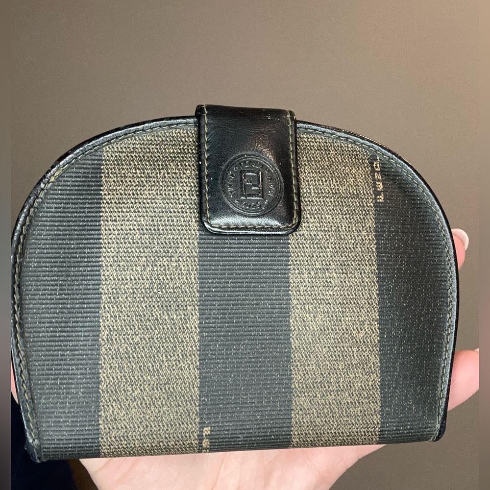 Fendi Pequin Stripe Brown Black Leather Canvas Coin Card Cash Shell Snap Wallet